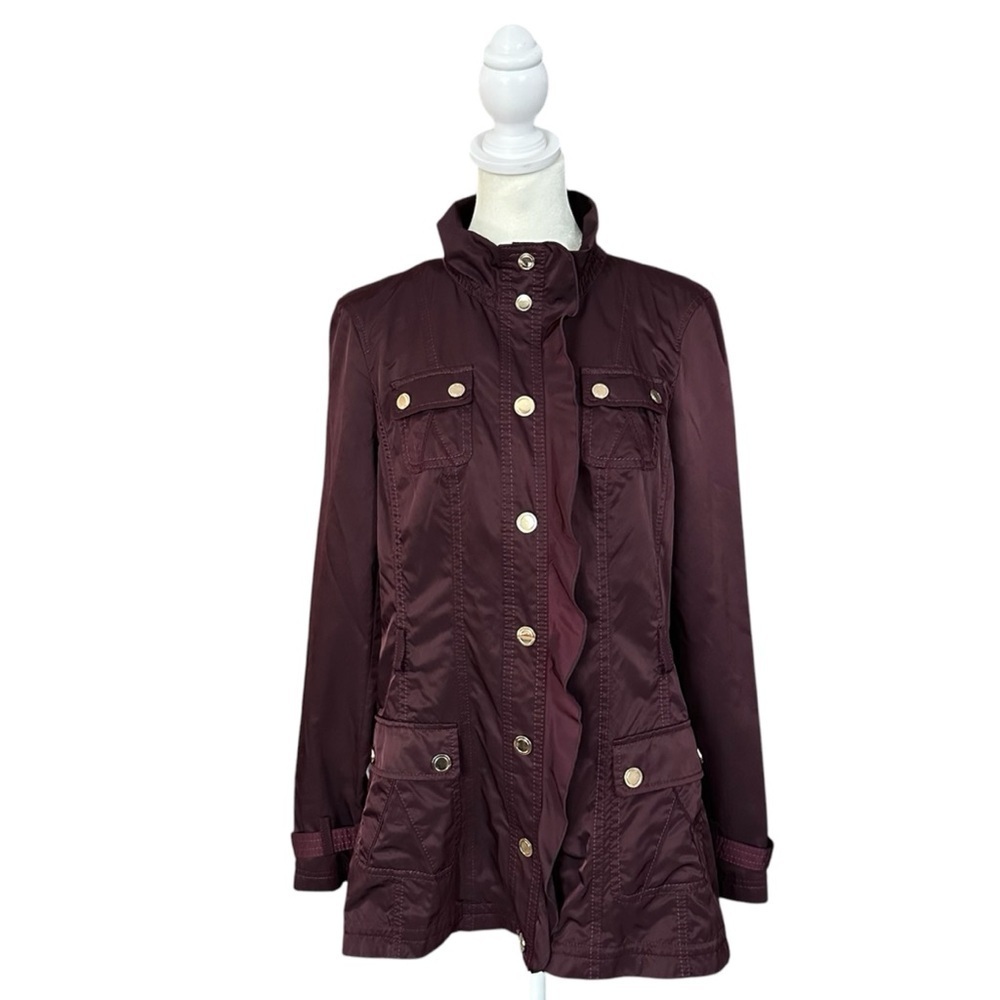 White House Black Market Purple Gold Snap Ruffle Nylon Trench Coat Size 6